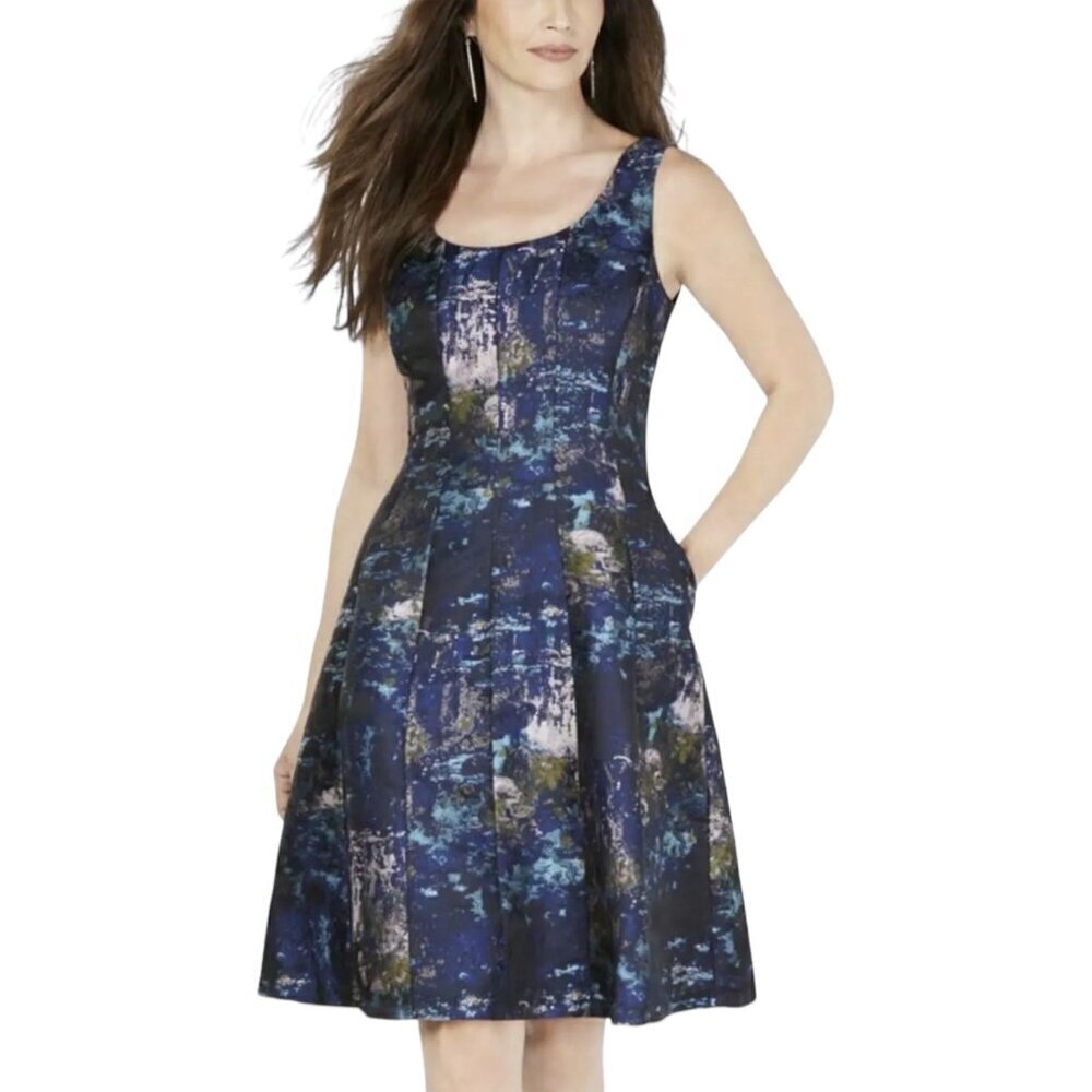 Donna Ricco Navy Multicolor Abstract Print Fit-and-Flare Midi Dress